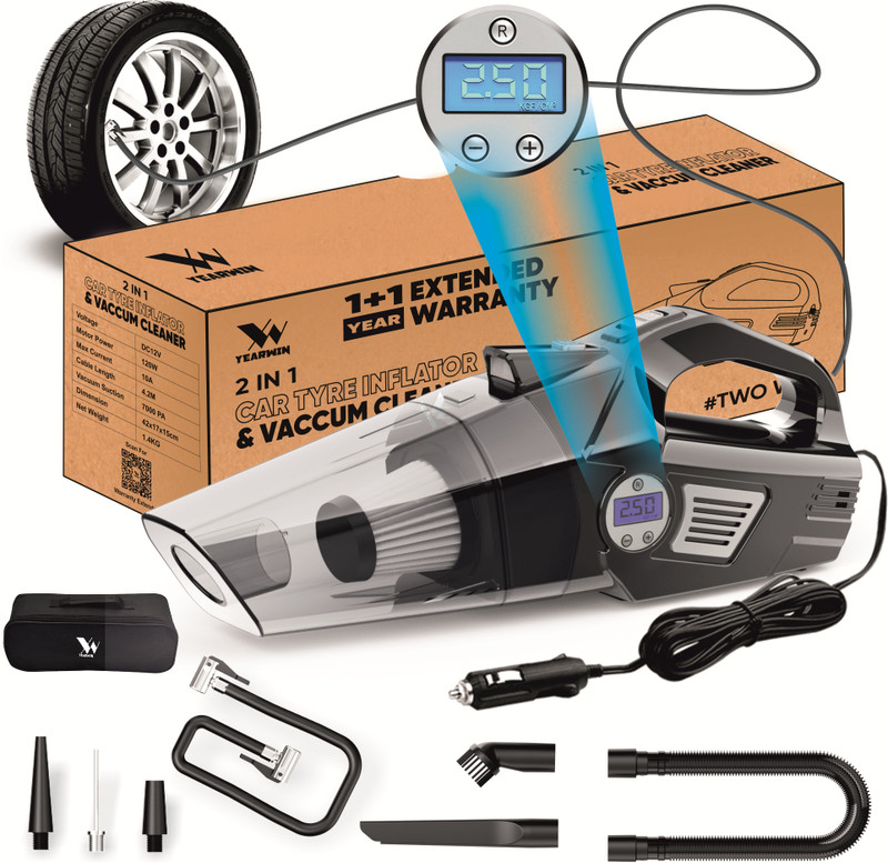 Yearwin Twoway 2 in 1 Car Vacuum Cleaner with Tyre Inflator High Power 7000PA Handheld Car Vacuum Cleaner with Reusable Dust Bag(Black)