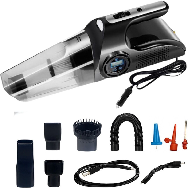 NIRVA 4-in-1 DC 12V Digital Car Vacuum Cleaner,Tyre Inflator,Multi Nozzles & LED Light Car Vacuum Cleaner with Anti-Bacterial Cleaning(Black)