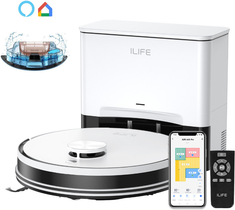 ILIFE A30 Pro Robotic Floor Cleaner Upgraded 13,000Pa Suction, LiDAR Navigation with Reusable Dust Bag, Anti-Bacterial Cleaning, 2 in 1 Mopping and Vacuum (WiFi Connectivity, Google Assistant and Alexa)(White)