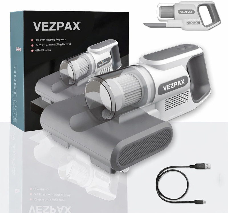VEZPAX UV Dust Mite Vacuum Cleaner – Powerful Suction with HEPA Filtration | Cordless Vacuum Cleaner with Anti-Bacterial Cleaning(White)