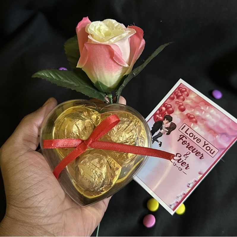 OddClick valentine special chocolate gifts box gifts with Artificial Flower Rose and Card Combo(1 Heart Chocolate Box having 3 Chocolate Bites, 1 Artificial Flower Rose, 1 Happy Valentine Day Wishes Card)