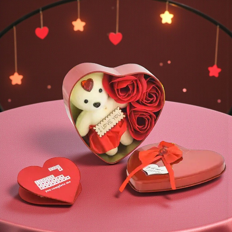 Reforce Red Rose & Teddy Bear in Heart Shape Gift Box - 3 inch(Red)