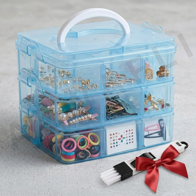 ALWAFLI 3 layer 18 Grid Portable Transparent Storage Detachable Box Organizer Case for jewelry sewing button earrings Hair Clip With 2 in 1 Window Cleaner Brush (Free) Vanity Box(Blue)