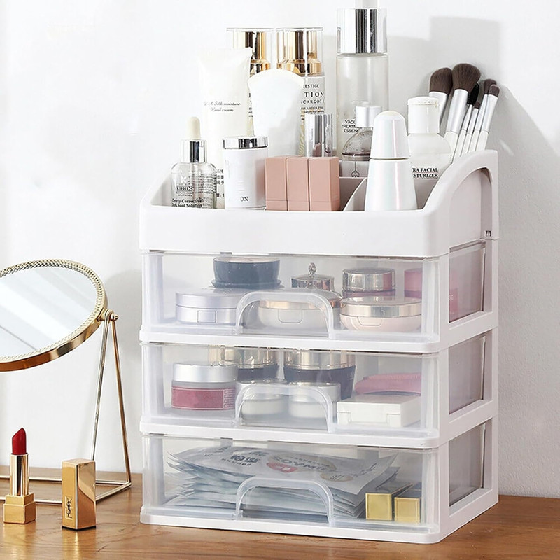 MECHON Cosmetic Organisers | Makeup Box Stand with Drawers | Stylish Storage Solution | Cosmetic Organisers for Skincare, Perfume, Lipsticks & Beauty Essentials Vanity Box(White, Transparent)
