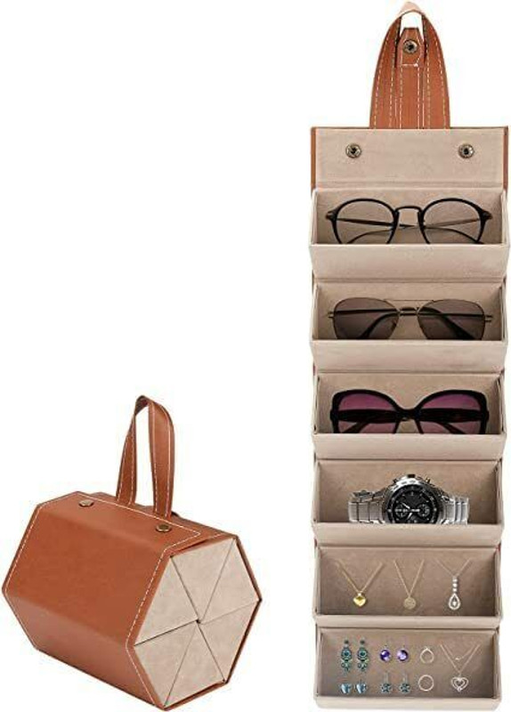 MAFAHH Multipurpose Foldable Travel Hanging 5 Slots Sunglasses Organizer Glasses Holder PU Leather Eyeglasses Spectacle Case Storage Box For Men & Women Vanity Box(Brown)