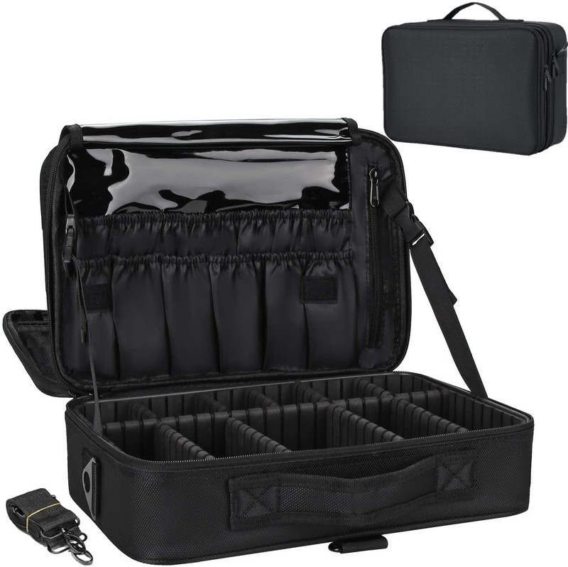 LACOPINE Large Capacity Makeup Bag,Cosmetic Organizer with Removable And Adjustable Dividers and Strap for Cosmetics Makeup Brushes Accessories Make Up, Jewelry Vanity Box(Black)