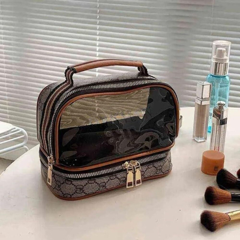 Anelyn Double Layer Makeup Bag, Travel Kit Cosmetic Bag Leather Toiletry Bag & Handle Cosmetic Bag