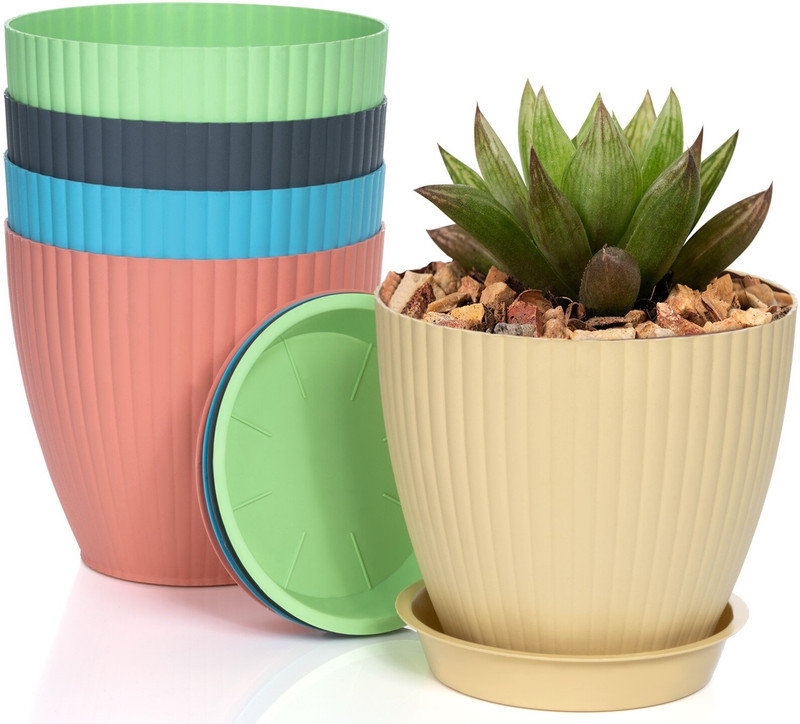 BELLERBIRD Premium Quality Ribbed Designe Flower Pot For Home Decoration With Draning Hole Plastic Vase(6 inch, Green, Pink, Blue, Grey, Yellow)