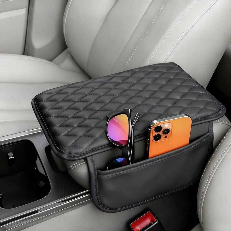 SUICUNE PU Leather Car Armrest Pad with Mobile Pockets – Universal Fit Center Console Car Armrest(Universal For Car, Universal For Car)