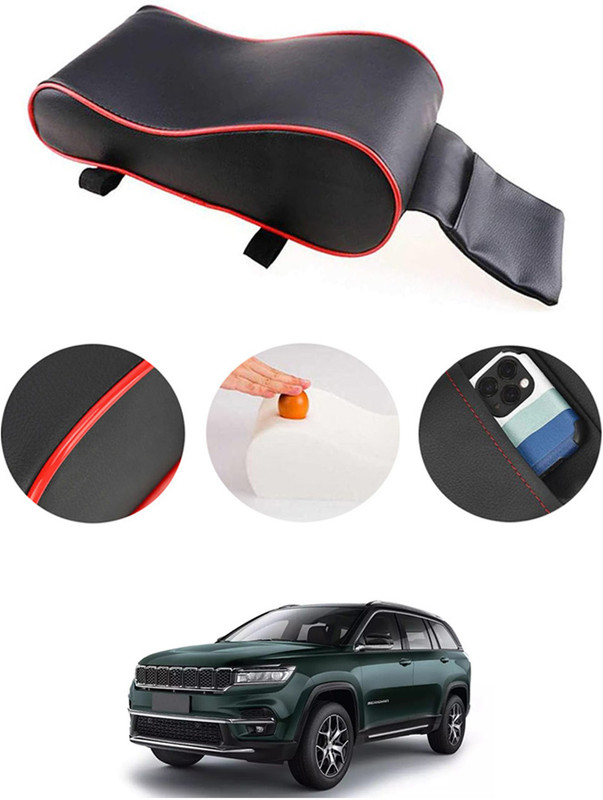 RKPSP Black with Red Piping PU Leather/Memory Foam Armrest Cushion Pad with Pocket-185 Car Armrest Pad Cushion