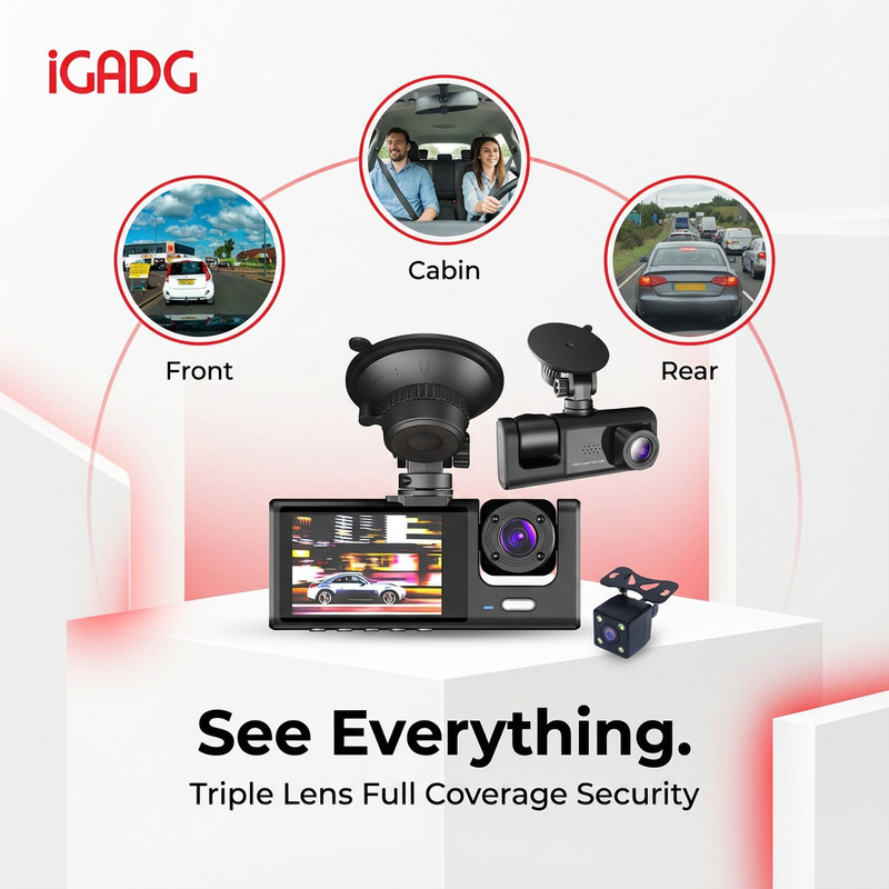 IGADG Triple Camera WiFi Dashcam Dashboard Camera System(3 Camera, 1 MP)