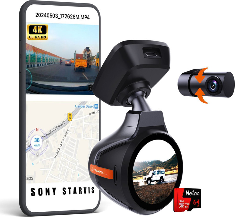 VAHAN VUE 4K Dash Camera | Sony STARVIS | 2160P | 1.66” Screen | Wi-Fi | GPS | Mobile App In-car Camera System(2 Camera, 3840 x 2160)