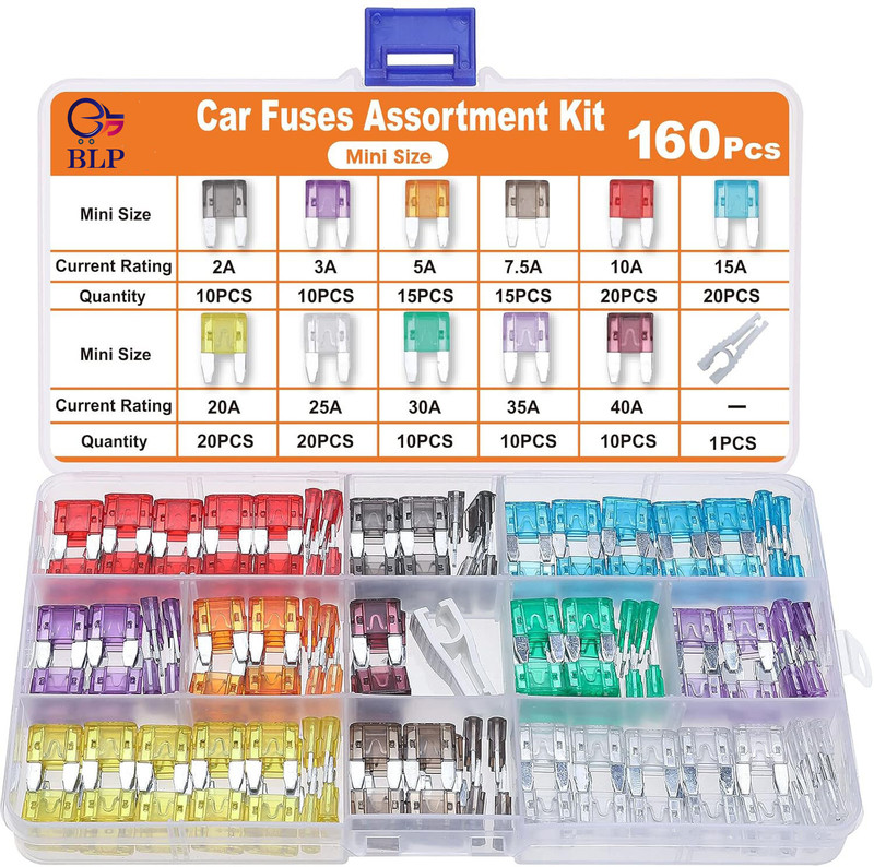 BLP 160Pcs Car Fuse Kit - Mini Blade Fuses + Puller for Cars/RVs/Trucks (2A-40A) Car Fuse Box