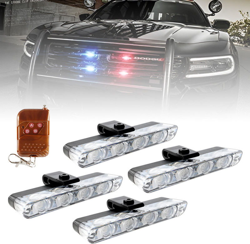 MIKANIX 4X4 Car Front Grill Police PCR LED Strobe Flashing Light With Wireless Remote Dash Light Car, Van, Truck LED (12 V, 12 W)(Universal For Car, Pack of 4)