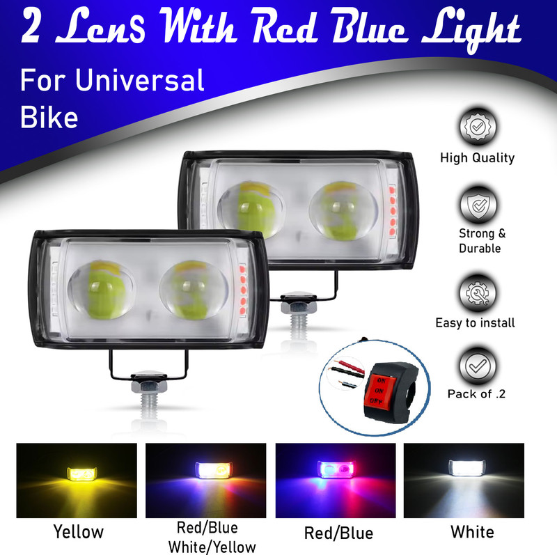 ASRYD Motorcycle LED Fog Lamp Two Lens White Yellow With Red Blue Best Quality Fog Lamp Motorbike, Car LED (12 V, 40 W)(Universal For Bike, Universal For Car, Pack of 2)