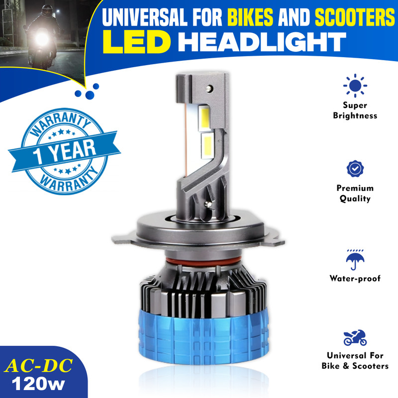 MIKANIX Ultra Bright H4 Fitting 120W Led Headlight Bulb | High/Low Beam With Cooling Fan Headlight Motorbike LED (12 V, 120 W)(Universal For Bike, Pack of 1)