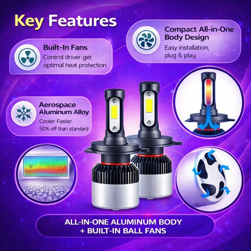 FATHER AUTO H'4 Hi/Lo 9000LM 6500K 72W LED Bulbs for Bike, Scooty, Car Headlight Cool White Headlight Car, Motorbike LED (12 V, 12 W)(Universal For Bike, Universal For Car, Pack of 2)