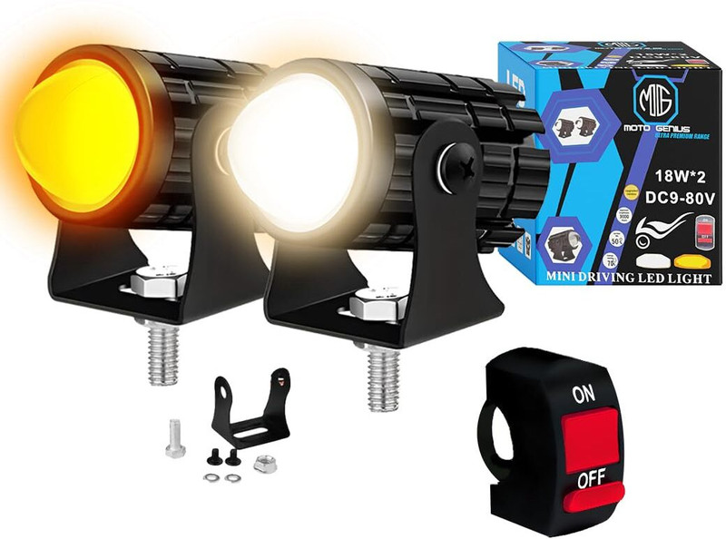 Moto Genius LED Projector Fog Light for Motorcycle With Button | Dual Color Yellow & White Fog Lamp Car, Motorbike, Truck, Van LED (12 V, 18 W)(Universal For Bike, Pack of 1)