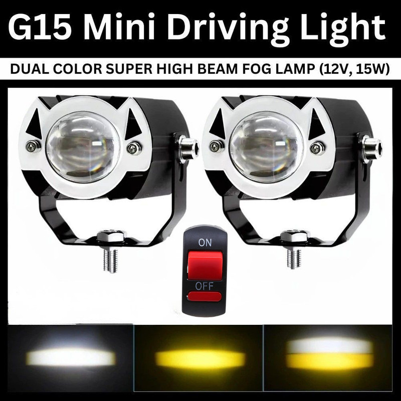 Autozap G15 Mini Driving Spot/Fog Light 2PCS With Switch High Beam White Low beam Yellow Fog Lamp Motorbike LED (12 V, 15 W)(Universal For Bike, Pack of 3)