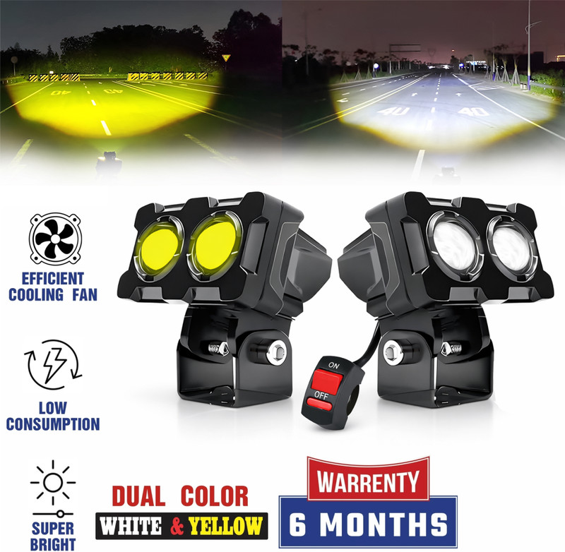MIKANIX Super Bright LED Fog Light With Dual Lens White | Yellow With High & Low Beam Fog Lamp Motorbike LED (12 V, 40 W)(Universal For Bike, Pack of 2)