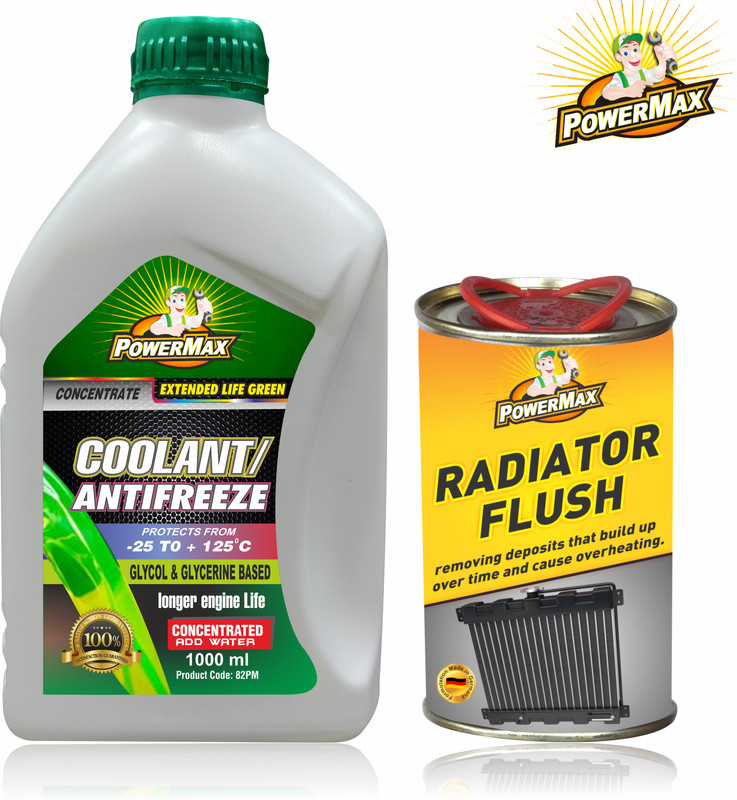 POWERMAX Antifreeze Green Concentrate 1:3 (1L) & Radiator Flush 300ml Coolant Green(1.3 L, Pack of 2)