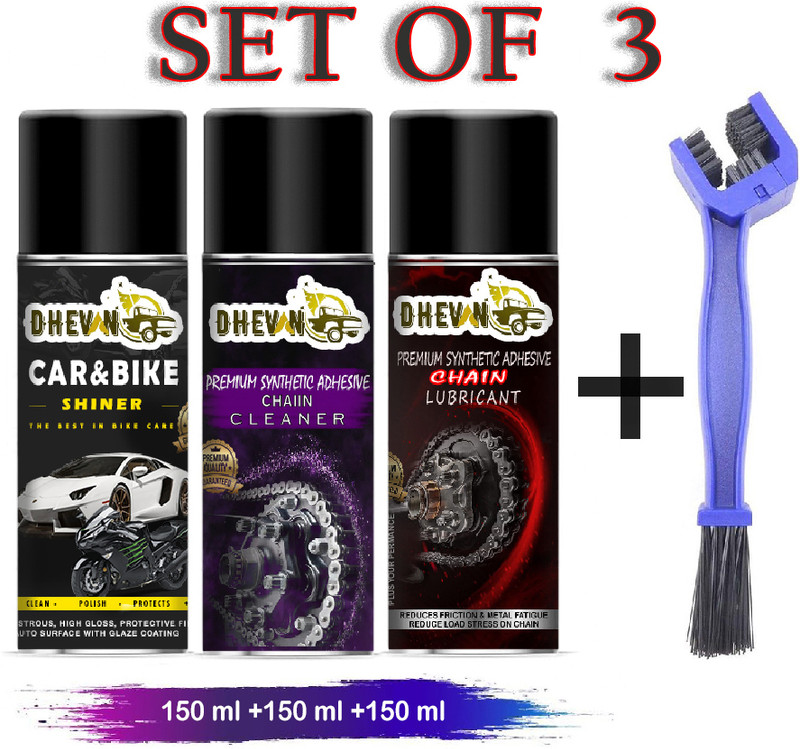 DheVan Pack of 4pcs Bike Chain Lube, Chain Cleaner & Bike Shiner Lubricant Spray 150ml Each With Brush for all bikes Chain Oil(450 ml, Pack of 4)