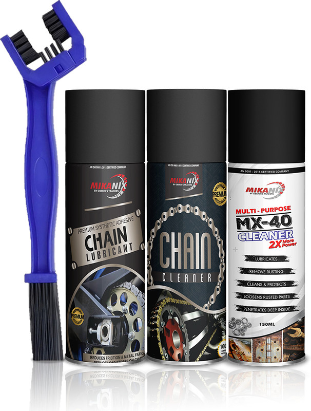 MIKANIX Combo Of Rust Remover Spray + Chain Cleaner + Chain Lubricant With Cleaning Brush | Cleans, Shines & Protects Chain | Remove Rust From Chain | Metal Parts Chain Oil(450 ml, Pack of 4)