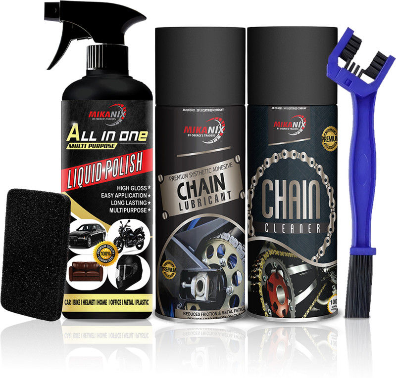 MIKANIX Combo Of Chain Cleaner + Chain Lubricant + All In One Polish With Cleaning Brush | Cleans | Shines & Protects Chain Oil(1500 ml, Pack of 4)