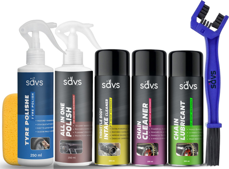 SAVS Combo of Chain Lubricant + Chain Cleaner + Throttle Body Cleaner + All in 1 Polish + Tyre Polish + Cleaning Brush With Sponge Protects Heavy Cleaning Kit Chain Oil(950 ml, Pack of 7)