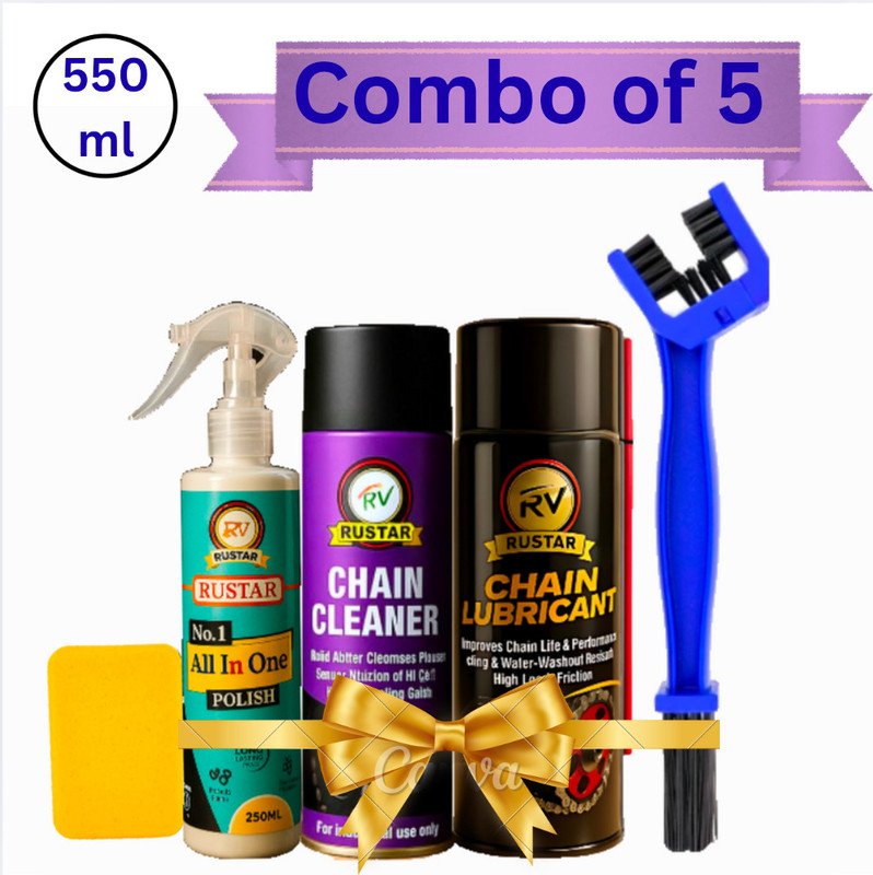 RVRustar Combo of Chain Cleaner+ Chain Lube+ Car & Bike Polish with Chain Brush Chain Maintenance kit Chain Oil(550 ml, Pack of 5)
