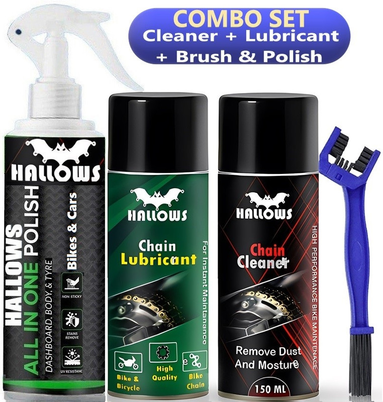 HALLOWS Spray Chain Cleaner + Chain Lubricant + Chain Brush & Bike & Car Polish _02 Vehicle Lubricant + Chain Cleaner + Bike & Car Polish With Cleaning Brush Chain Oil(550 ml, Pack of 4)