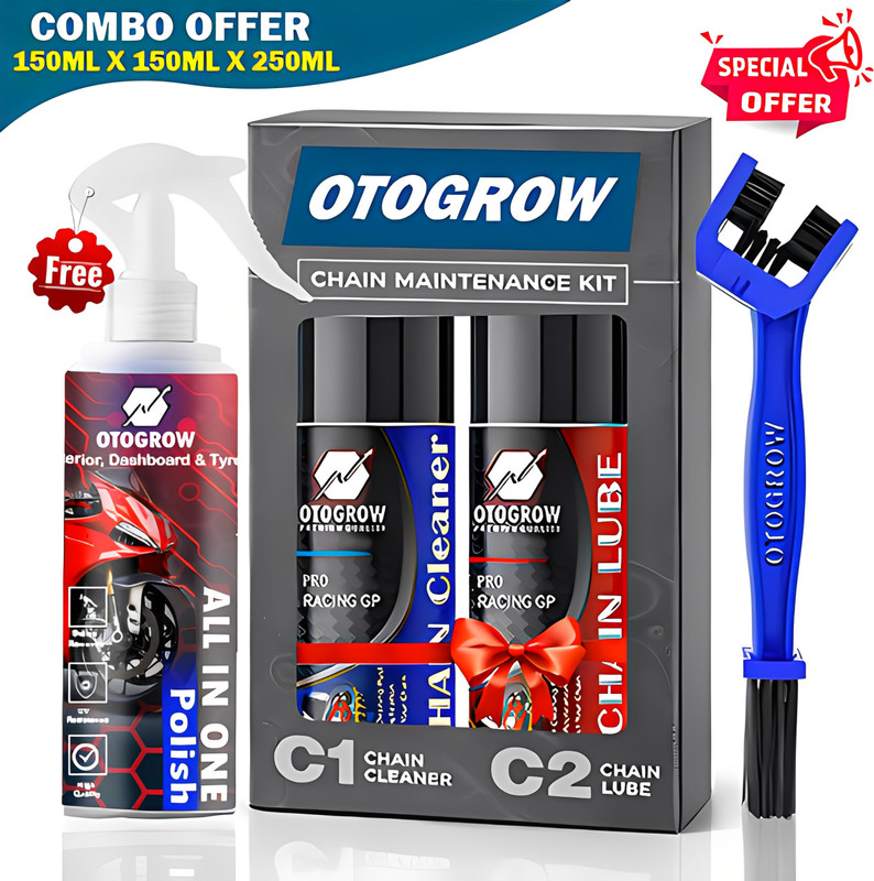 OTOGROW Bike Polish and Chain Lubricant And Chain Cleaner Spray With Cleaning Brush B_9 Chain Cleaner, Lube. Brush (150X2 + 250 X1 ML) 1 cleaning brush Chain Oil(550 ml, Pack of 3)