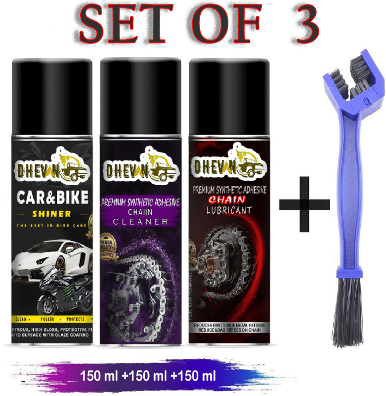 DheVan Combo of Bike Chain Lubricant , Chain Cleaner & Bike Shiner Spray 150ml Each With Chain Cleaning Brush Chain Lub, Chain Cleaner & Bike Shiner for all bikes Chain Oil(450 ml, Pack of 4)