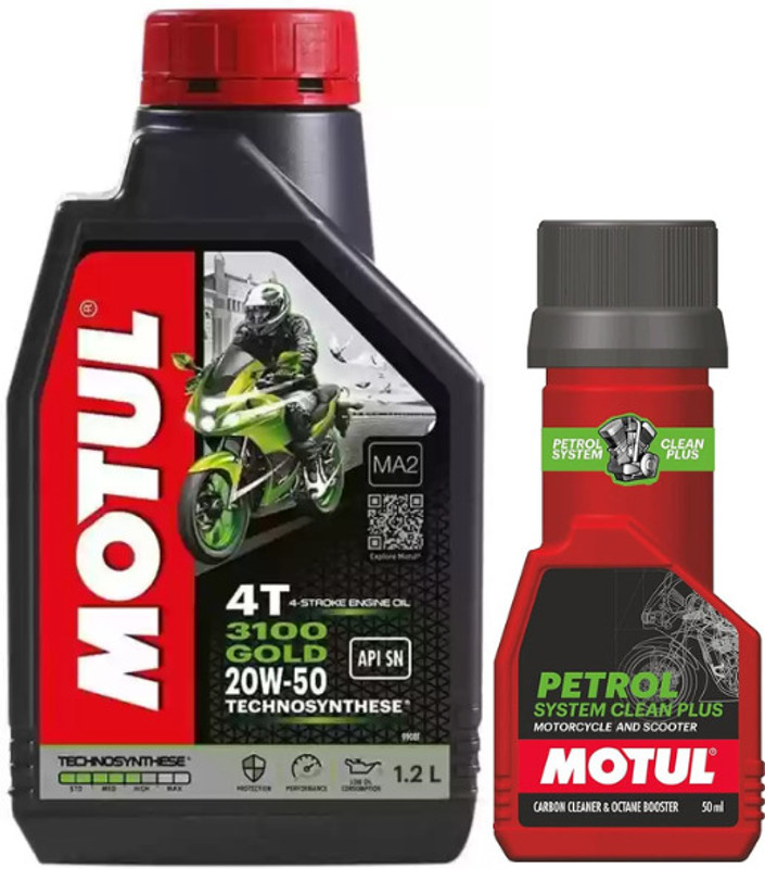 MOTUL 3100 4T GOLD 20W50 ENGINE OIL - 1.2 L WITH PETROL SYSTEM CLEAN 50 ML COMBO 20W50 Full-Synthetic Engine Oil(1.2 L, Pack of 1)