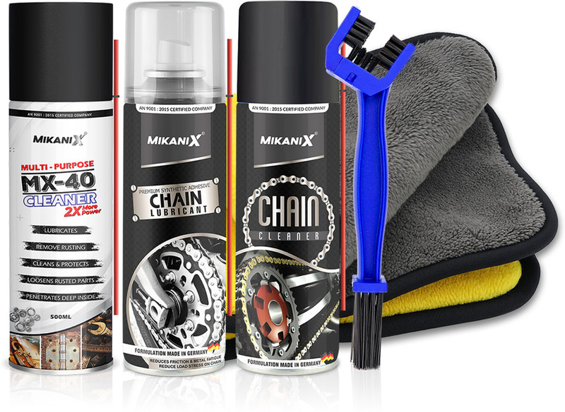 MIKANIX Bike Chain Care Combo / Chain Lubricant, Chain Cleaner, MX40 Rust Remover, Chain Cleaning Brush & Microfibre Cloth | Complete Maintenance Kit Chain Oil(1500 ml, Pack of 5)