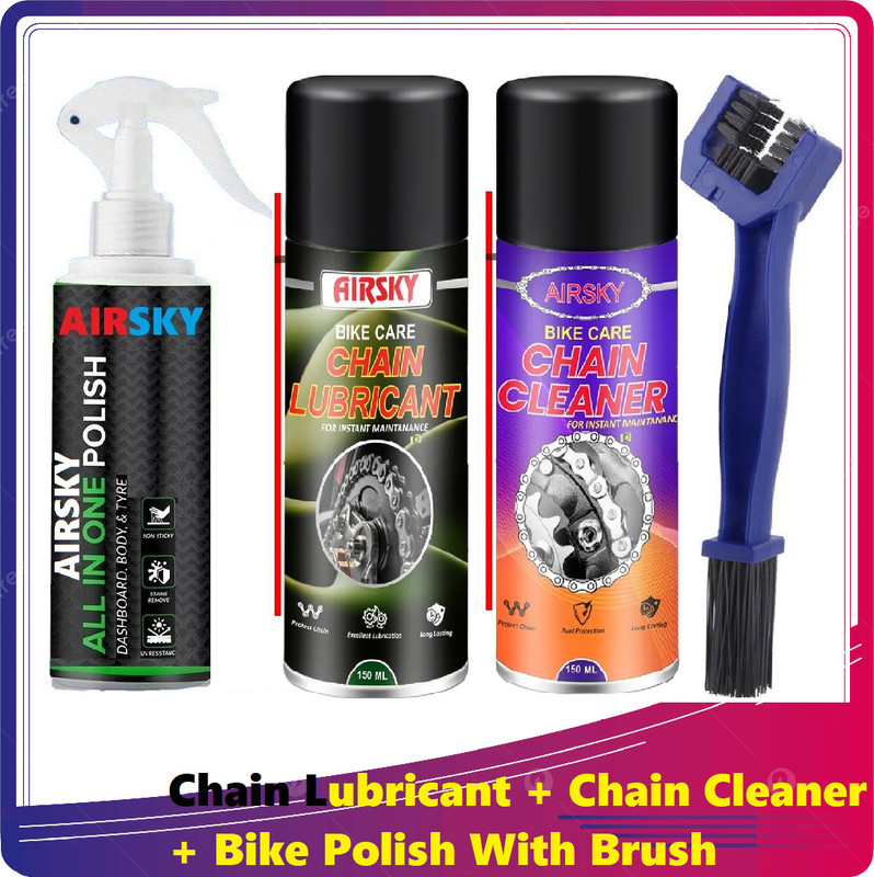 AIRSKY Chain Lubricant + Chain Cleaner + Bike & Car Polish With Cleaning Brush_06_ Shines & Protects Chain | Dashboard Interior & Exterior Cleaning Chain Oil(550 ml, Pack of 4)