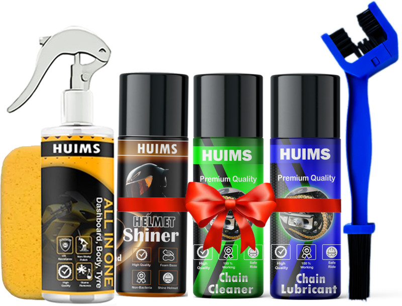 Huims A2 Combo Of Chain Cleaner + Chain Lubricant + Helmet Cleaner + Polish With Brush | Shines & Protects Chain | Heavy Exterior Cleaning Complete kit Chain Oil Chain Oil(700 ml, Pack of 6)