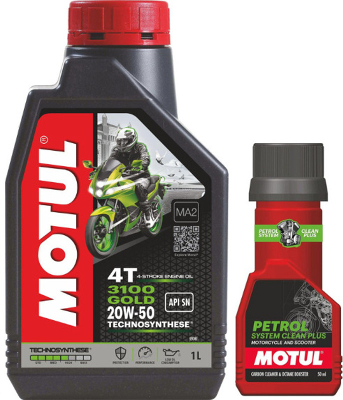 MOTUL 3100 4T GOLD 20W50 ENGINE OIL 1 - L WITH PETROL SYSTEM CLEAN 50 COMBO 20W50 Full-Synthetic Engine Oil(1 L, Pack of 2)