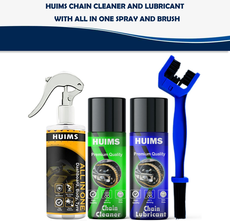 Huims Premium Look chain cleaner +chain lube+car&bike polish+ brush. Bike Chain Cleaner & Degreaser’s Action Clings to Bike Surfaces to Deeply Chain Oil(550 ml, Pack of 4)