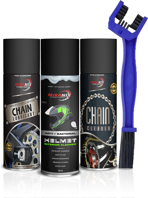 MIKANIX Combo Of Chain Cleaner + Chain Lube + Helmet Foam Cleaner With Cleaning Brush | Cleans | Shines & Protects Chain | Helmet Interior & Exterior Cleaning | Brake Oil(450 ml, Pack of 4)