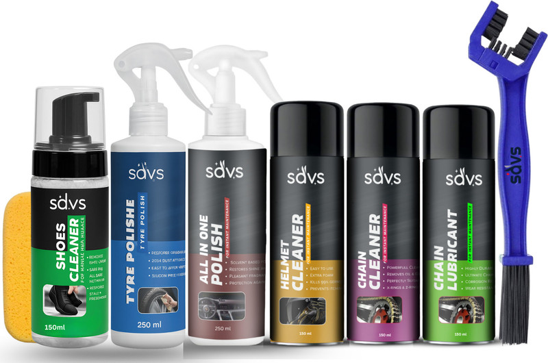SAVS Combo Of Chain Lubricant + Chain Cleaner + Helmet Cleaner + Bike Polish + Tyre Polish + Shoes Cleaner + Cleaning Brush + Sponge| Exterior Cleaning Complete kit Chain Oil(1100 ml, Pack of 8)