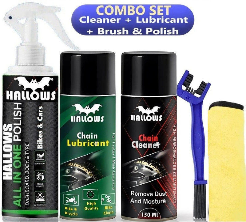 HALLOWS Vehicle Lubricant + Chain Cleaner + Bike & Car Polish With Brush + Cloth Spray Chain Cleaner + Chain Lubricant + Chain Brush & Bike & Car Polish with Chain Oil(550 ml, Pack of 5)