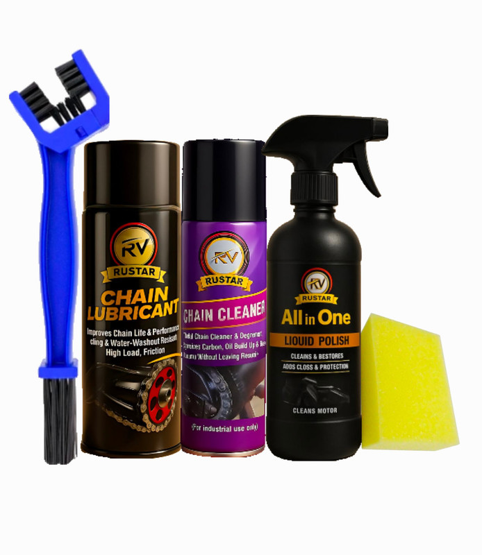 RUSTAR Combo of Chain Lube +Chain Cleaner (500ml each) +All In One Polish (250ml) with Cleaning Brush & Foam Applicator |Cleans| Shines & Protects Chain| Chain Oil(1250 ml, Pack of 5)