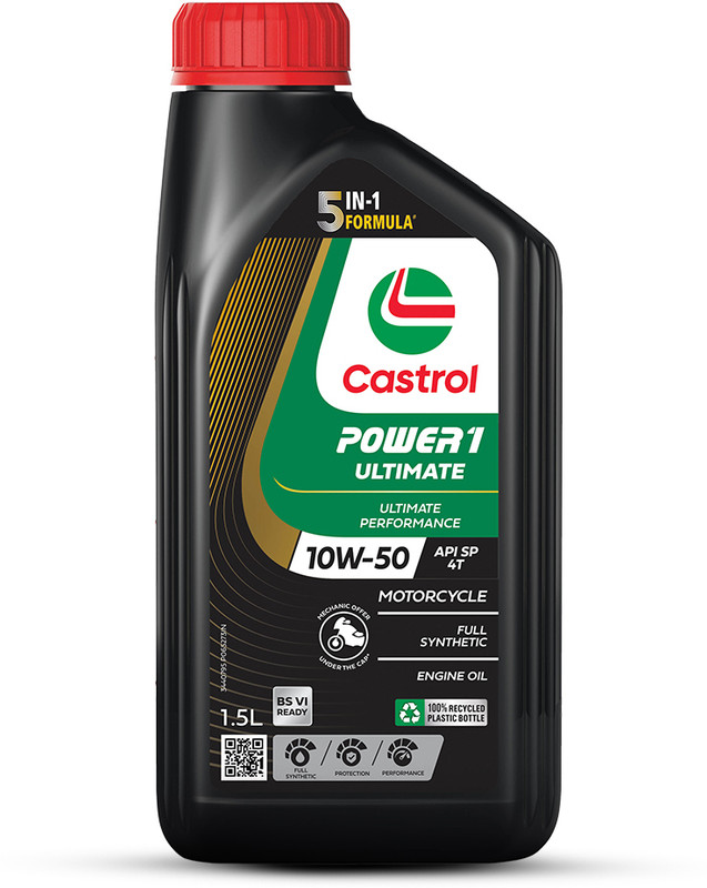 Castrol POWER1 ULTIMATE 10W-50 4T 5-in-1 Full Synthetic Technology | For High Performance Bikes | BS6 Ready Full-Synthetic Engine Oil(1.5 L, Pack of 1)