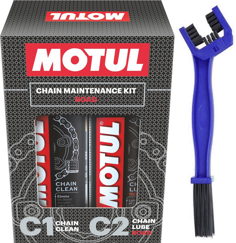 MOTUL Chain Cleaner C1 (150 ml) | Chain Lube Road C2 (150 ml) | Chain Cleaner Brush | Chain Oil(300 ml, Pack of 3)