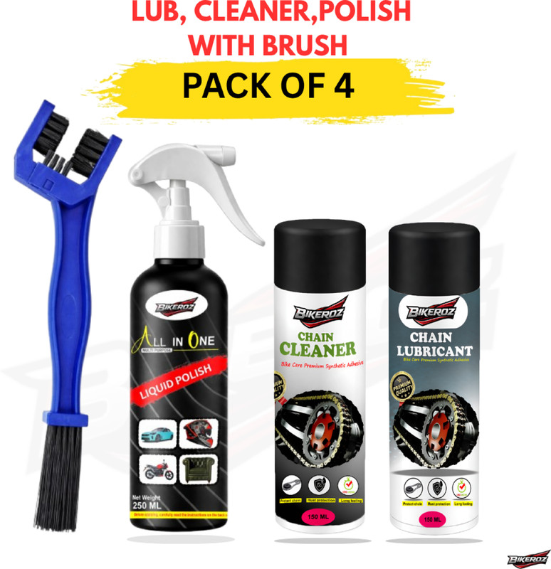 BikerOz 4A Combo of Chain Lubricant+Chain Cleaner+Bike & Car Polish With Chain Cleaning Brush l Shines & protects Chain l Car Dashboard Interior & Exterior Cleaning 4W Chain Oil(550 ml, Pack of 4)
