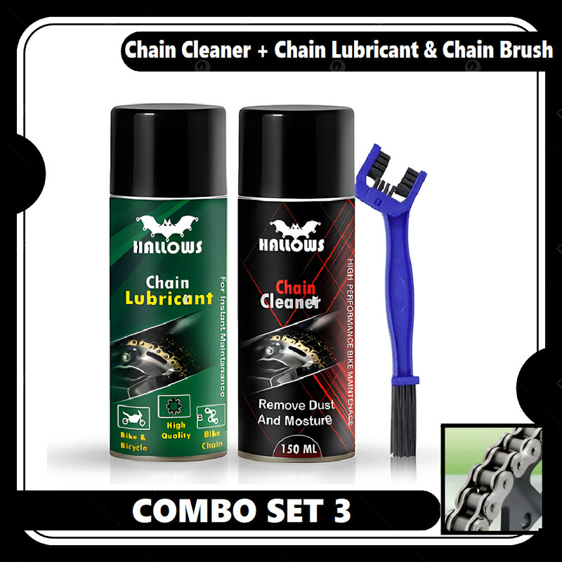 HALLOWS Cleaner + Lubricant + Chain brush Shiner Spray for Motorbike_04 With Cleaning Brush For Motorcycle And Bicycle Chain Oil(450 ml, Pack of 4)