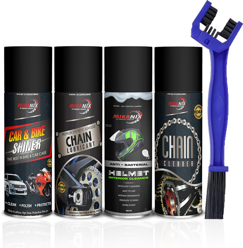 MIKANIX Combo Of Chain Cleaner + Chain Lube + Helmet Foam Cleaner + Car & Bike Shiner Polish With Cleaning Brush | Cleans | Shines & Protects Chain & Helmet Chain Oil(600 ml, Pack of 5)