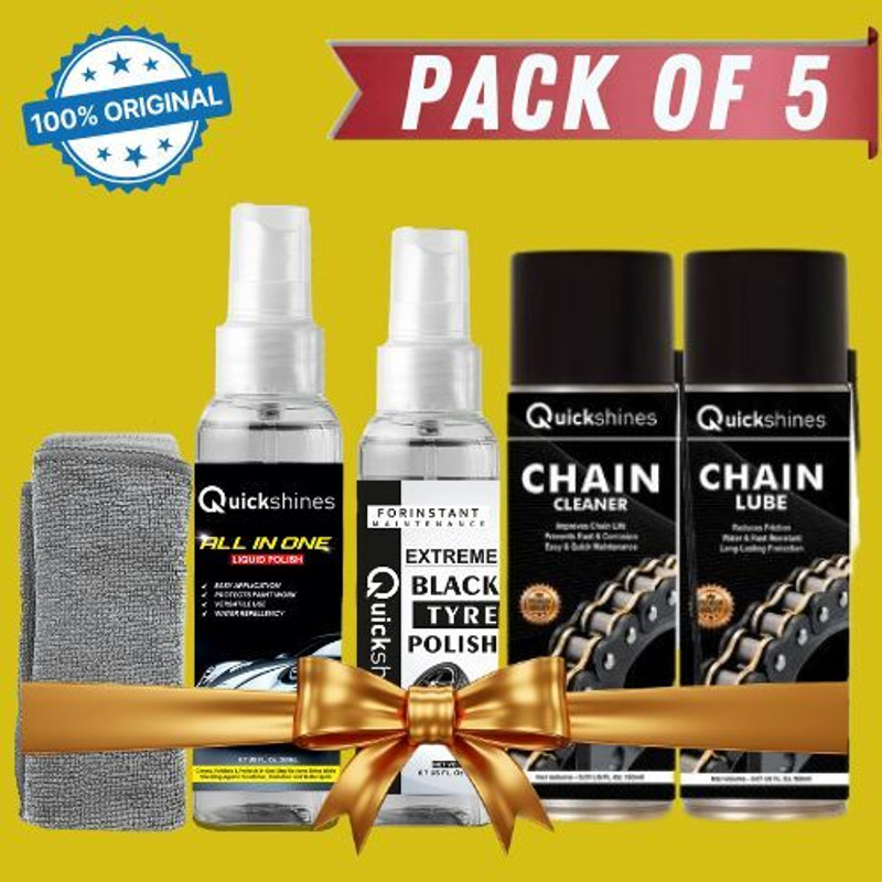 Quickshines Advanced Bike Detailing Kit with Chain Care, Tyre Shine & Liquid Polish Original Bike Chain Cleaner & Polish Kit Chain Oil(500 ml, Pack of 5)