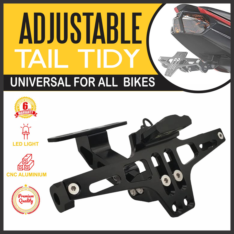 Moto Genius CNC Adjustable Foldable Tail Tidy | Bike Number Plate Holder for All Bikes Bike Number Plate(Aluminium 15 cm  x  10 cm)